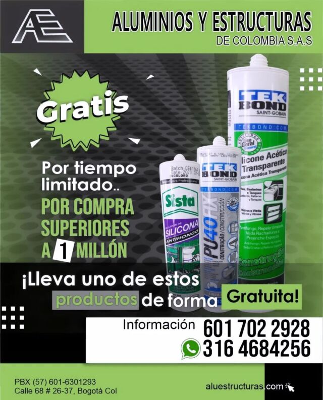 ¡🌟 Promo Exclusiva en Aluminios y Estructuras 🌟!

¡Aprovecha nuestra increíble oferta! 🛍️ Por compras superiores a un millón, llévate una silicona de regalo. 🎁 😍 ¡No te lo pierdas!

🔥 Condiciones:
✅ Válido para compras de un millón o más.
✅ Promoción limitada, ¡hasta agotar existencias!
✅ Menciona esta publicación al realizar tu compra.

#aluminio
#aluminios 
#AluminioDeCalidad 
#ferreteria